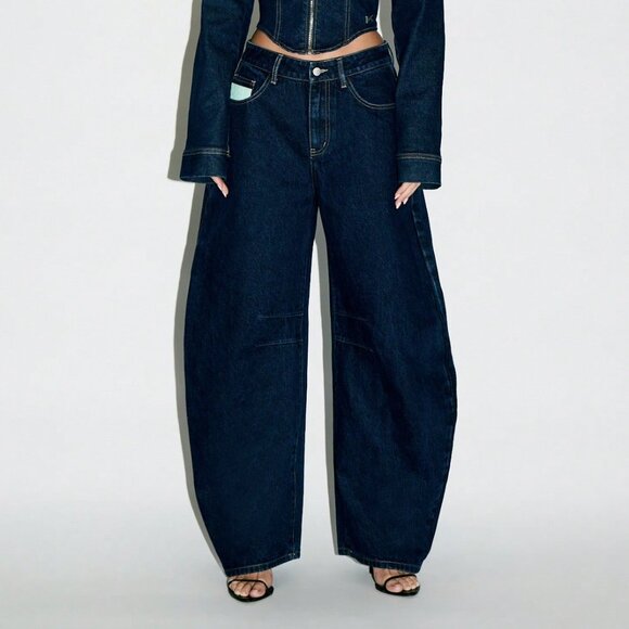 Denim - Dark Wash Casual Women's Barrel Cut Wide Leg High Waisted Jeans